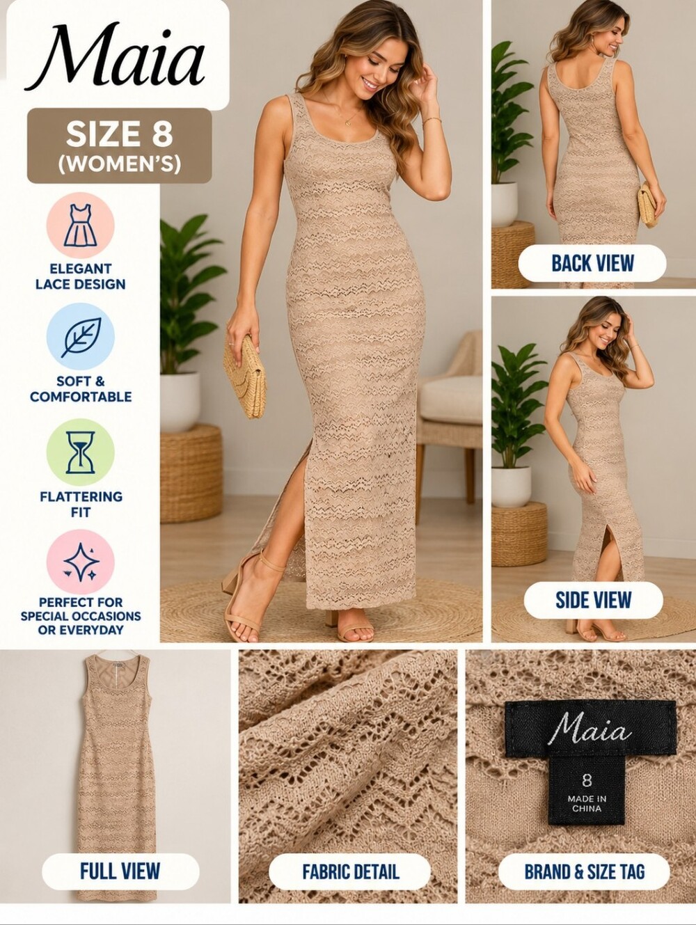 Maia women's size 8 maxi brown lace dress #25